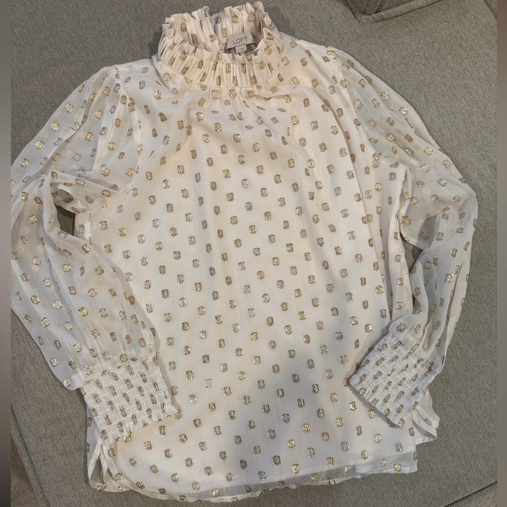 LOFT White Sheer Blouse with Gold Metallic Dots and Ruffle Neck